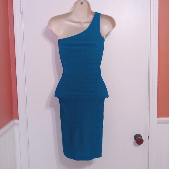 Bebe One Shoulder Bodycon Dress Aqua Knit Small - Picture 6 of 11